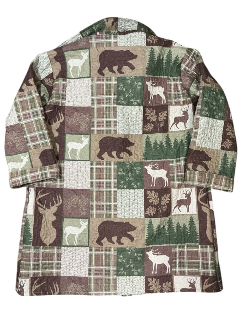 Camo Patchwork Blanket Jacket Upcycled Bedspread Forest Bear Deer Cabin - Picture 10 of 12